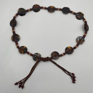 Boho Tortoise & Wood Bead Corded Tie Belt 39” at smallest, unbranded